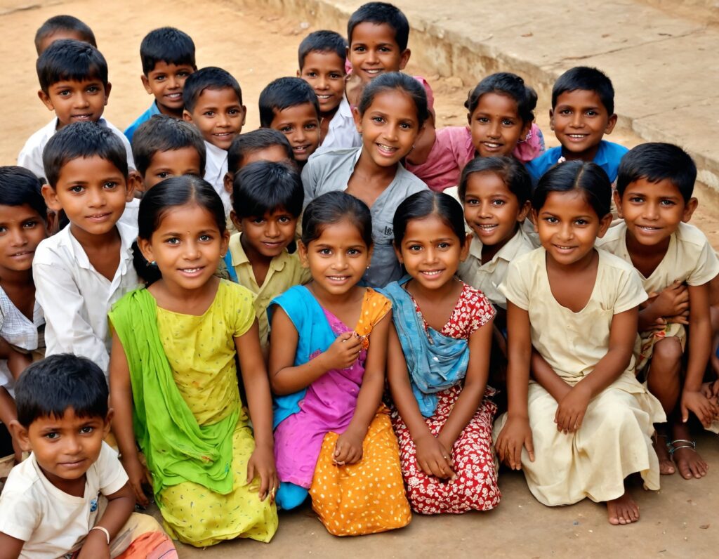 Group of smiling schoolchildren sitting outdoors, looking cheerful and engaged, symbolizing community and education in rural settings.