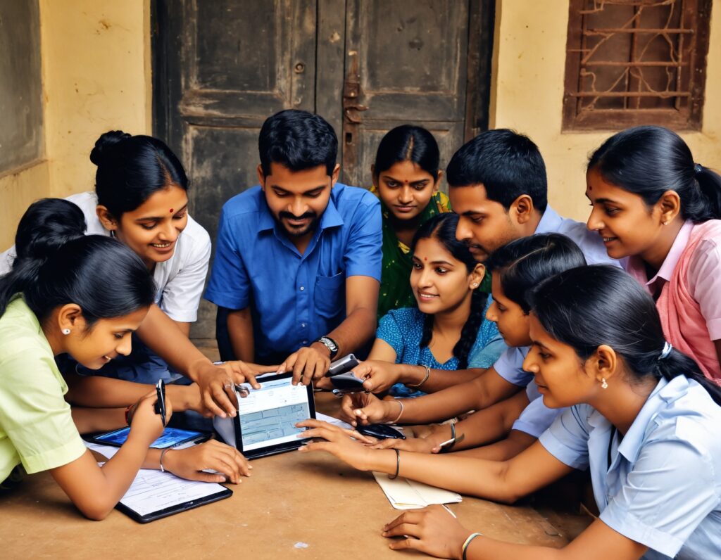 "Man surrounded by school children engaging with a tablet, symbolizing the use of digital technology in education and community learning."